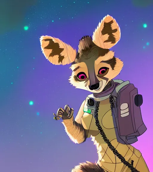 Image similar to digital detailed art of furry female hyena, in style of zootopia, fursona, furry, furaffinity, 4 k, deviantart, wearing astronaut outfit, in style of disney zootopia, floating in space, space background, hyena fursona, cyberpunk, female, detailed face, style of artgerm,