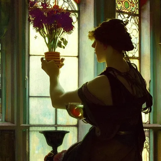 Image similar to girl filling a vase with a magical liquid, the girl is observed by the moiras in a trial. by jeremy mann and alphonse mucha, photo realistic, dynamic lighting, artstation, poster, volumetric lighting, highly detailed faces, 4 k, award winning