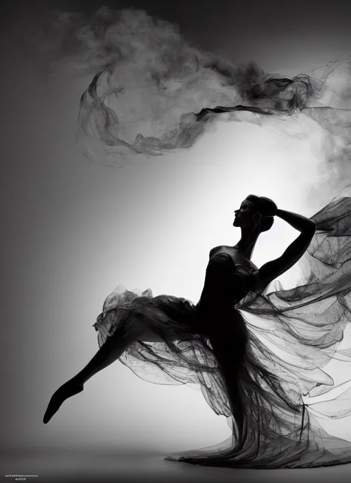 Image similar to a Photorealistic dramatic hyperrealistic render of a glamorous beautiful Female smoke dancer by Ken Brower and Deborah Ory of NYC Dance project,Lois Greenfield,Flowing cloth and smoke,Beautiful dynamic dramatic dark moody lighting,volumetric,shadows,cinematic atmosphere,Octane render,8K