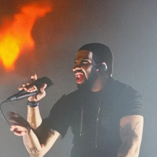 Prompt: drake performing in a burning building, realistic