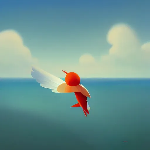 Image similar to goro fujita ilustration view from the sky of a bird with open wings full of feathers, flying over the ocean with waves, painting by goro fujita, sharp focus, highly detailed, artstation