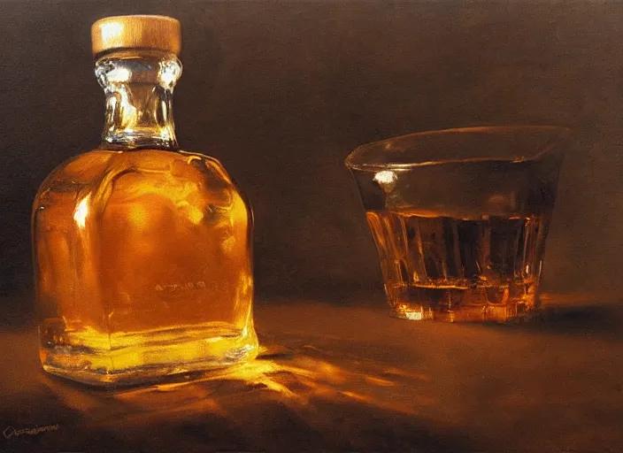 Image similar to oil painting of whiskey bottle, art by anders zorn, wonderful masterpiece by greg rutkowski, beautiful cinematic light, american romanticism by greg manchess, reflections in copper, sunlight, dust and steam