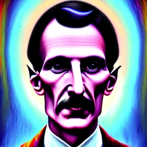 Prompt: An extremely psychedelic portrait of Nikola Tesla, surreal, LSD, face, detailed, intricate, elegant, lithe, highly detailed, digital painting, artstation, concept art, smooth, sharp focus, illustration