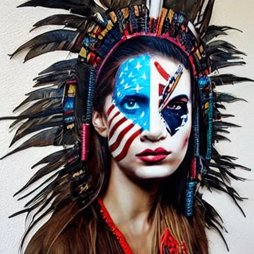 Prompt: a beautiful portrait sculpture designed by Sandra Chevrier, tribal head dress, American stars and stripes on face