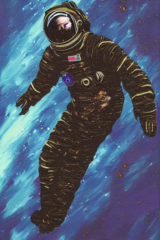 Prompt: a beautiful glitched painting by robbie trevino of a cosmonaut in space suit falling into a dark abyss