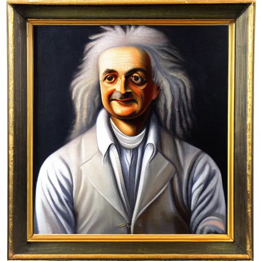 Image similar to oil painting portrait of the lovechild of Isaac Newton and Albert Einstein