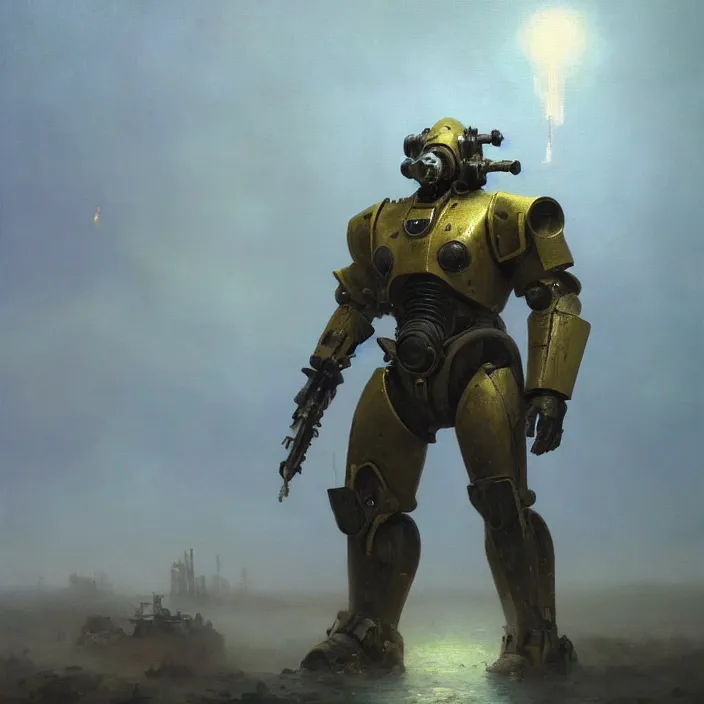 Image similar to a beautiful oil painting of a t - 4 5 power armor, fallout 4 by ivan aivazovsky and greg rutkowski and james gurney and frank lloyd and sung choi and monet, in style of impressionnisme. hyper detailed, sharp focus, soft light. unreal engine 5 lumen. ray tracing. trending on artstation. oil on canvas