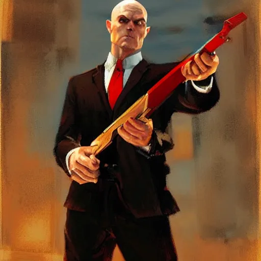 Image similar to agent 4 7 from hitman using a guitar as a weapon, by gregory manchess, james gurney, james jean