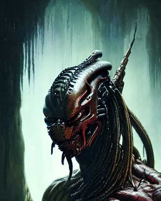 Image similar to a portrait of the predator fantasy character portrait, ultra realistic, cinematic, concept art, wide angle, intricate details, hologram, highly detailed by greg rutkowski, wayne barlowe, simon bisley, arthur rackham