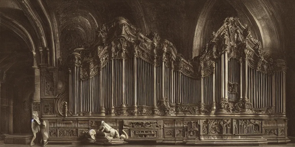 Image similar to wide angle view, pipe organ intricately carved from dark smoke, high detail baroque oil painting, alan lee, caravaggio, michelangelo