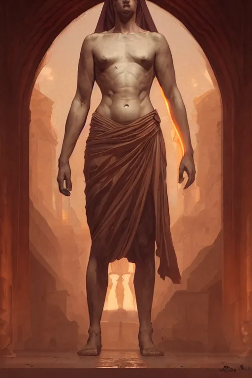 Image similar to ancient rome man, realistic portrait full body, symmetrical, highly detailed, digital painting, artstation, concept art, smooth, sharp focus, illustration, cinematic lighting, art by artgerm and greg rutkowski and alphonse mucha