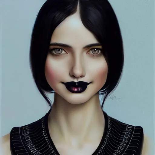 Image similar to full body portrait of a dark haired girl with blue eyes, gentle round face, with a bright smile, intricate detailed black goth dress, highly detailed, deep focus, elegant, digital painting, smooth, sharp focus, golden ratio, illustration, ultra realistic, 8 k, art by artgerm, caravaggio and vittorio reggianini