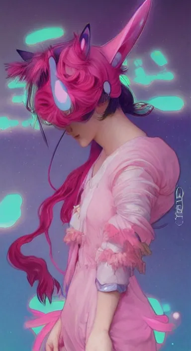 Image similar to Portrait of Youppi as a shiny pink and cyan legendary pokémon. Beautiful digital art by Greg Rutkowski and Alphonse Mucha. Cat ears