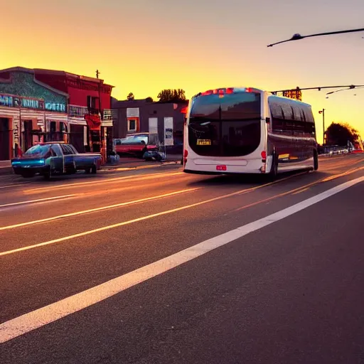 Image similar to transit bus driving through a small town during sunset