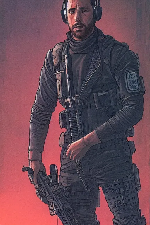Prompt: Hector. confident blackops mercenary in tactical gear and cyberpunk headset. Blade Runner 2049. concept art by James Gurney and Mœbius.