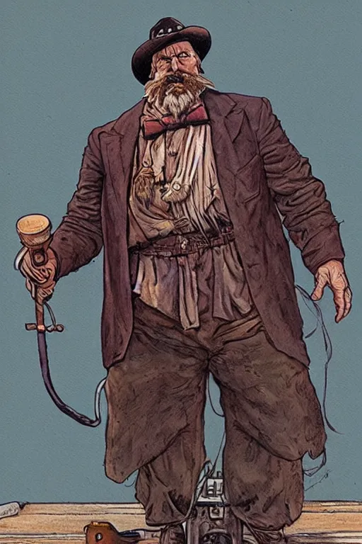 Prompt: vernon. Smug old west circus strongman. concept art by James Gurney and Mœbius.