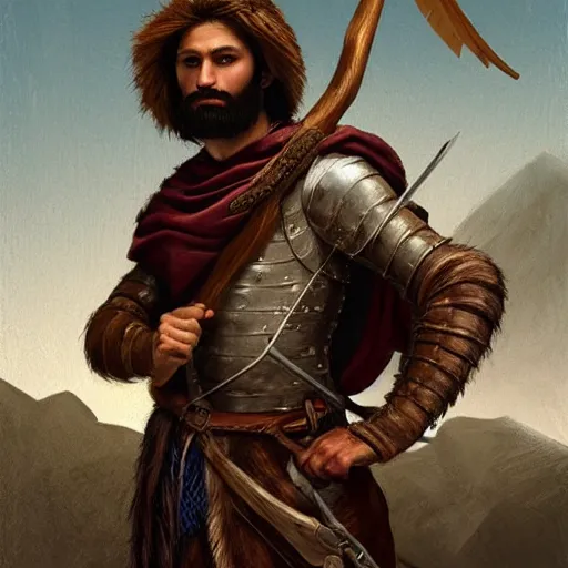 Image similar to renaissance full body portrait of a gruff ranger with a spear, lean and toned, handsome face, hairy chest and hairy body, D&D, intricate, elegant, highly detailed, digital painting, artstation, concept art, matte, sharp focus, chiaroscuro, well list, illustration, art by Da Vinci, Artgerm and Greg Rutkowski and Alphonse Mucha