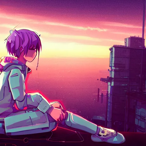 Image similar to android mechanical cyborg anime girl child overlooking overcrowded urban dystopia sitting. Pastel pink clouds baby blue sky. Gigantic future city. Raining. Makoto Shinkai. Wide angle. Distant shot. Purple sunset. Sunset ocean reflection. Pink hair. Pink and white hoodie. Cyberpunk. featured on artstation. robotic wired knee. white sweater.