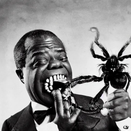 Image similar to louis armstrong holding a big hairy spider to his lips like a trumpet