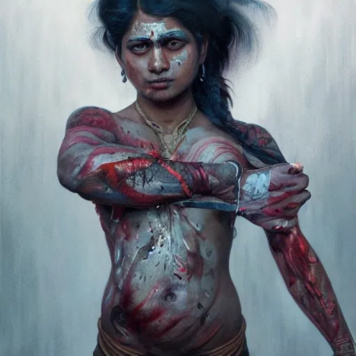 Prompt: portrait painting of a muscular bloodied indian girl butcher, tattooed, symmetric, ultra realistic, concept art, intricate details, eerie, highly detailed, photorealistic, octane render, 8 k, unreal engine. art by artgerm and greg rutkowski and alphonse mucha