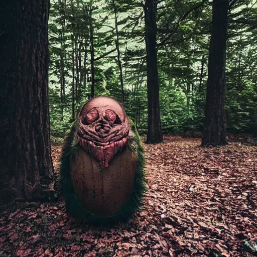 Prompt: a creepy creature in a forest, hiding behind trees