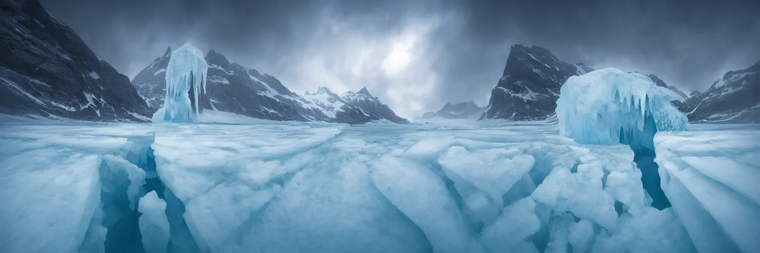 Prompt: photo of A (gigantic) monster trapped under the ice by marc adamus