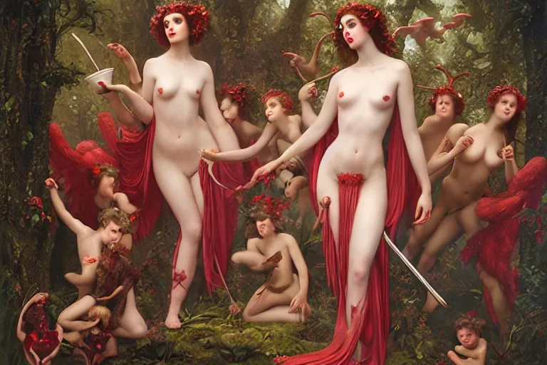 Prompt: the goddess of red solo cups surrounded by a court of nymphs, by tom bagshaw peter kemp