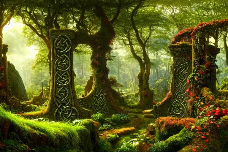 Image similar to a beautiful and highly detailed matte painting of a lush garden in a beautiful forest, carved celtic stone runes, psychedelic colors, intricate details, epic scale, insanely complex, hyperdetailed, artstation, cgsociety, 8 k, sharp focus, hyperrealism, by caspar friedrich, albert bierstadt, james gurney, brian froud,