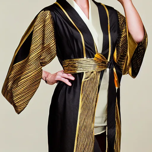 Image similar to a beautiful model in kimono gold and black striped, tiger inspired, realistic, intricate details.