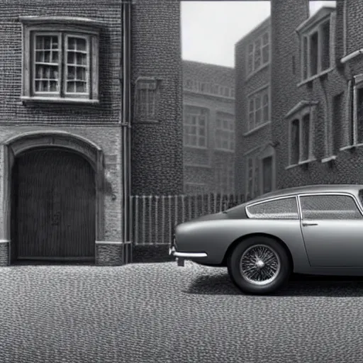 Image similar to a pencil sketch of anaston martin db 5, in a rich london mews residential street, medium range, studio ghibli, ( pixar ) and disney animation, sharp, very detailed, unreal engine 5 render, bloom, high resolution, anime key art by greg rutkowski