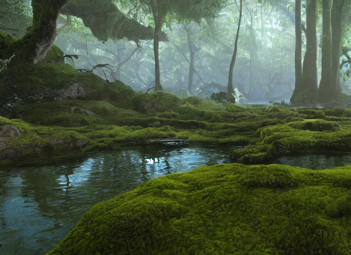 Prompt: Ancient natural pool overgrown with moss, surrounded by lush plants, vines hanging from the tall trees, pine trees, detailed, digital art, trending on Artstation, atmospheric, volumetric lighting, hyper-realistic, Unreal Engine, sharp