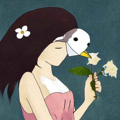 Prompt: white bird holding a flower cinematic composition, studio ghibli, digital art, cute