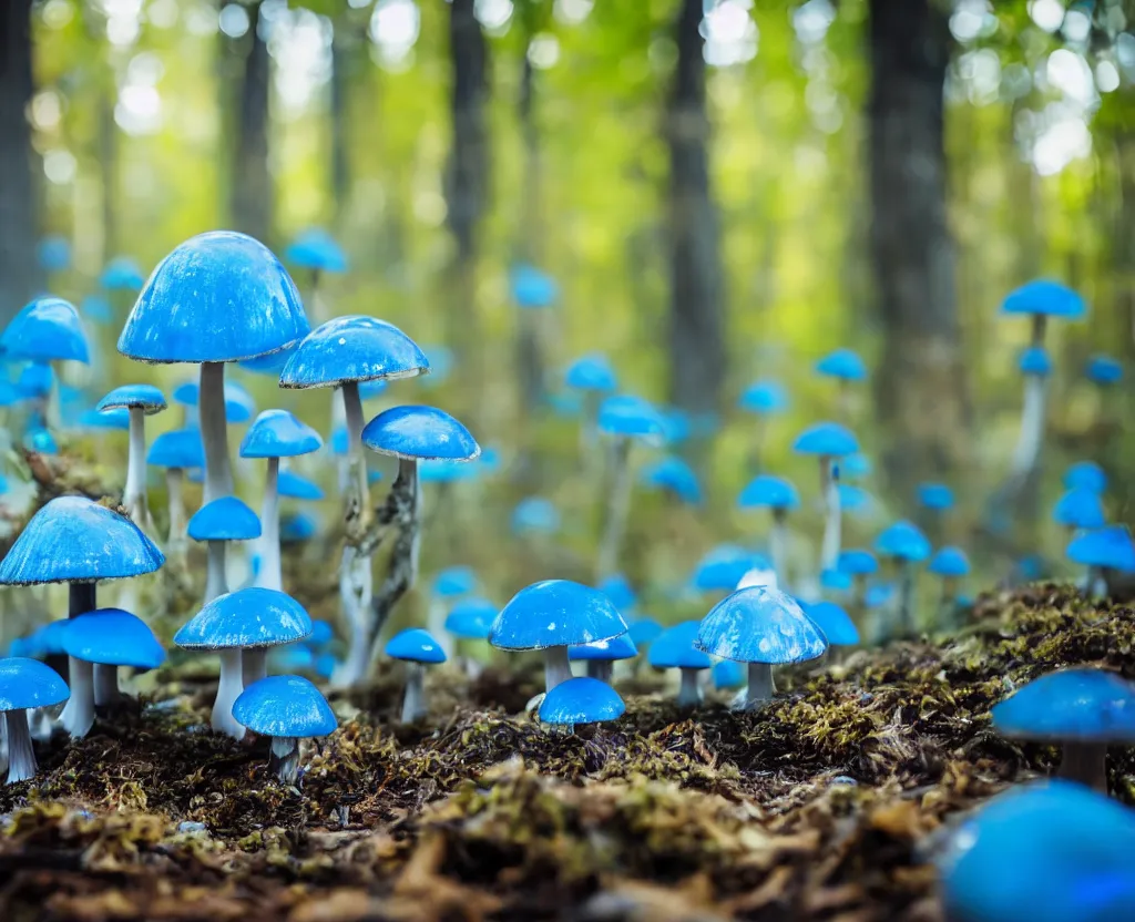 Prompt: blue forest, glowing mushrooms, sigma lens, strong bokeh, photography, highly detailed, 8 5 mm, f / 1. 3