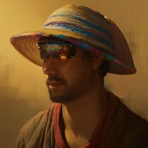 Image similar to portrait of a blindfolded man wearing a multicolored tunic and a large straw hat, detailed face, highly detailed, cinematic lighting, digital art painting by greg rutkowski