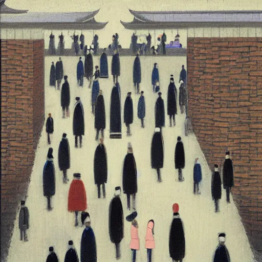 Image similar to painting of japanese commuters heading to the central business district of tokyo, painted by laurence stephen lowry, oil on canvas, national gallery