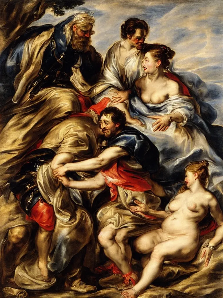 Prompt: a soldier lays his hand on top of the queens head, by peter paul rubens and eugene delacroix, intimate, relaxed posture, high definition, delicate, dimly lit, private moment