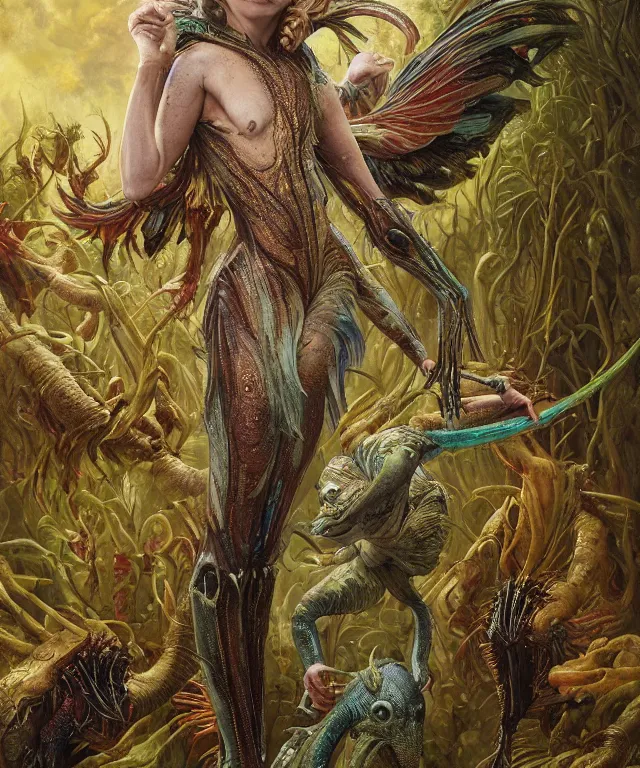 Prompt: a portrait photograph of natalie dormer as a strong alien harpy queen with amphibian skin. she is dressed in a colorful slimy organic membrane catsuit and transforming into an bird with an armored exoskeleton. by donato giancola, walton ford, ernst haeckel, peter mohrbacher, hr giger. 8 k, cgsociety, fashion editorial