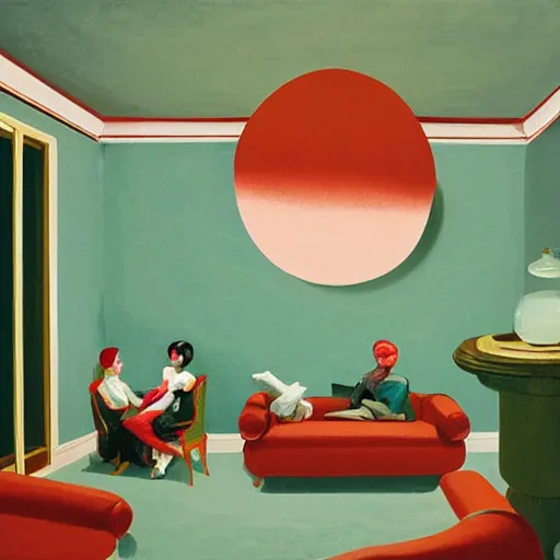 Prompt: spherical people with clouds at red green art deco living room, open ceiling, highly detailed, painted by Francis Bacon and Edward Hopper, painted by James Gilleard, surrealism, airbrush, art by JamesJean