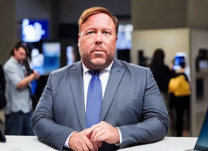 Image similar to dslr photo still of infowars host alex jones in a blue suit fat grey beard and mustache!!! depressed!!! in an!!! apple store trying to get his phone deleted!!!, 5 2 mm f 1. 8