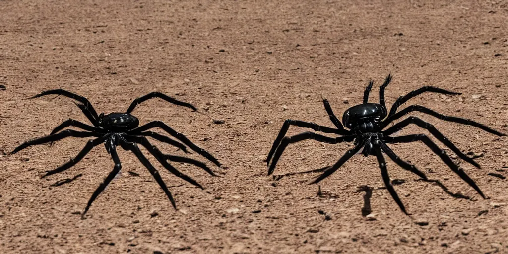 Prompt: giant spider alien chasing a group of soldiers like the film stargate on a desert world, telephoto shot, mid day, heat shimmering.