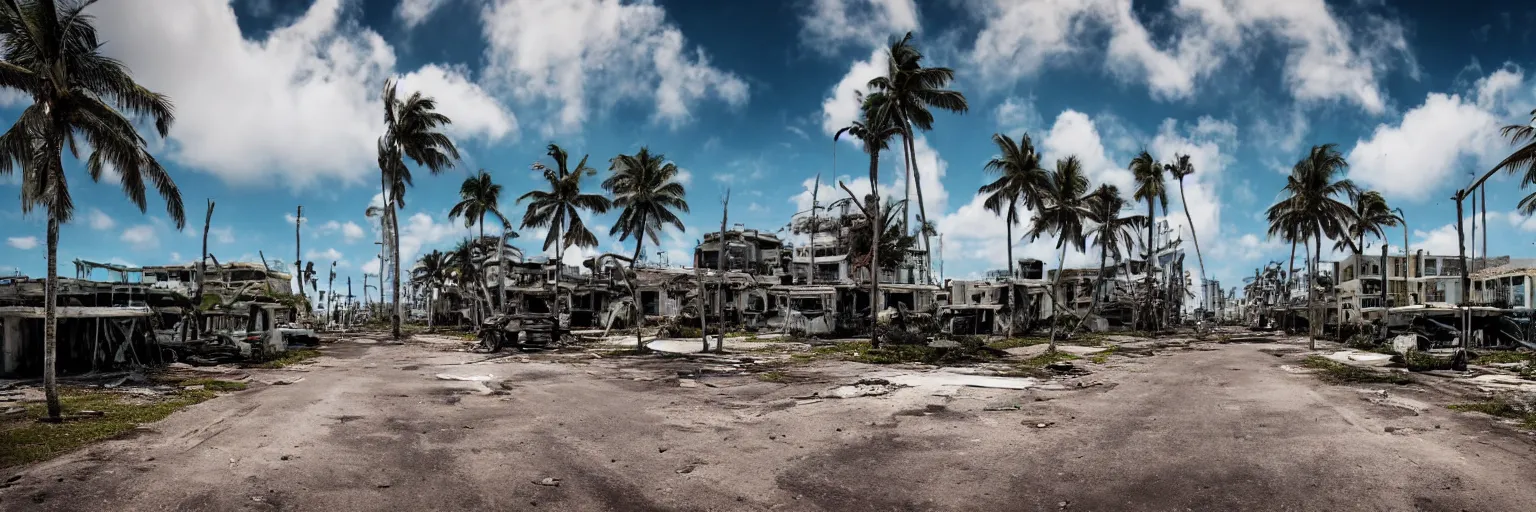 Image similar to wide angle shot of dilapidated fallout 5 miami, tropical coastal city in real life, desolate, dilapidated, empty streets, some rusted retro futuristic vintage styled parked vehicles like cars, buses, trucks, trams, sunny weather, few clouds, volumetric lighting, photorealistic, daytime, spring, sharp focus, ultra detailed