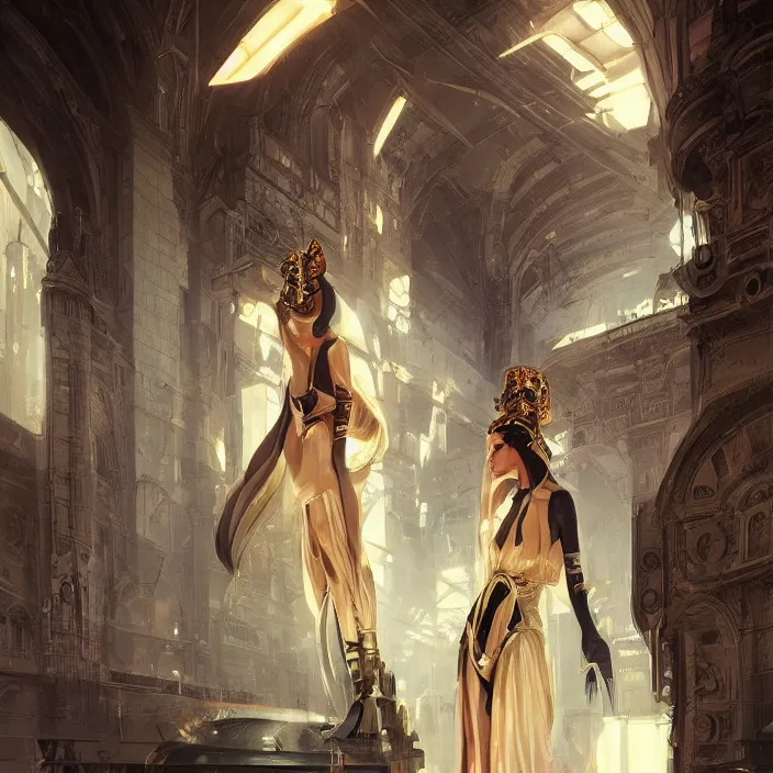 Image similar to gucci goddess, future fashion, stylish deity, concept art, digital painting, beautiful, ornate, hd, by greg rutkowski, by syd mead