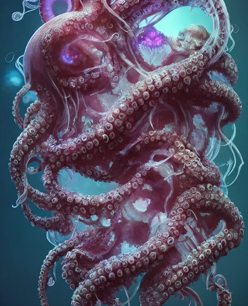 Image similar to goddess close - up portrait human skeleton, ram skull, octopus, jellyfish, orchid, betta fish, bioluminiscent, intricate artwork by tooth wu and wlop and beeple. octane render, trending on artstation, greg rutkowski very coherent symmetrical artwork. cinematic, hyper realism, high detail, octane render, 8 k