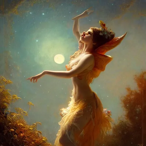 Image similar to attractive fairy magically floating high in the night, fantasy, full moon in background. highly detailed painting by gaston bussiere, craig mullins, j. c. leyendecker, mid shot, 8 k realistic, cryengine, frostbite 3 engine, sharp focus