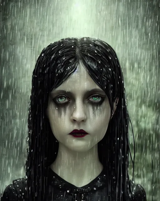 Image similar to An epic fantasy comic book style portrait painting of a very beautiful imposing Industrial goth Wednesday Addams in the rain, wet hair, neon reflections, character design by Mark Ryden and Pixar and Hayao Miyazaki, unreal 5, DAZ, hyperrealistic, octane render, cosplay, RPG portrait, dynamic lighting, intricate detail, cinematic