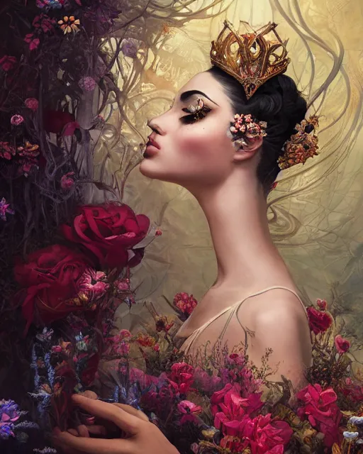 Image similar to portrait of the arabic queen of the underworld, surrounded by flowers by karol bak, james jean, tom bagshaw, rococo, sharp focus, trending on artstation, cinematic lighting, hyper realism, octane render, 8 k, hyper detailed.