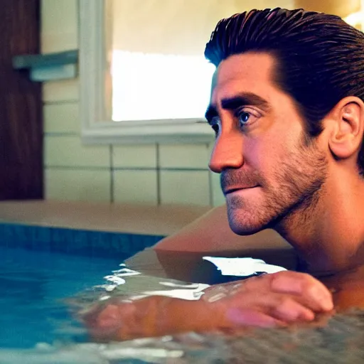 Image similar to cinestill of Jake Gyllenhaal sitting in a hot tub in the movie Waiting for Kristin