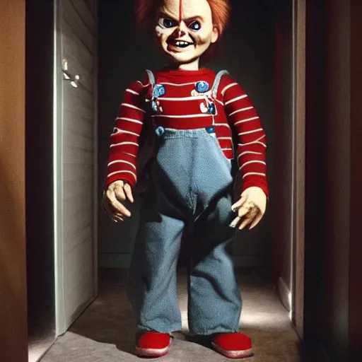 Image similar to chucky the killer doll standing in the hallway