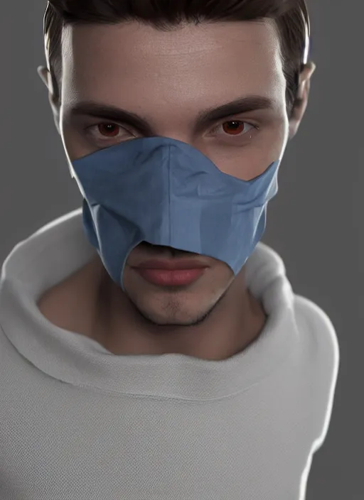 Image similar to 3 d model of a european young man covering face with fabric mask, ultrarealistic, octane rendered, unreal engine 5, ray tracing, subsurface scattering, studio lighting, trending on artstation, extremely detailed