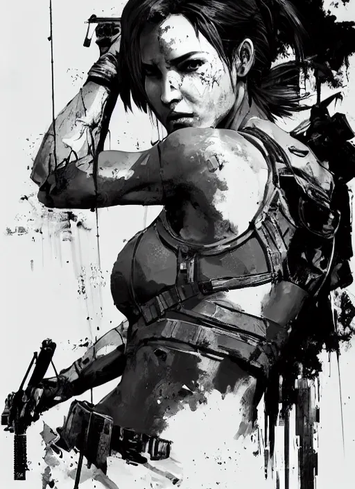 Prompt: lara croft wearing metal gear armor holding gun dramatic lighting art by brandon anschultz by yoji shinkawa by richard schmid by greg rutkowski by sandra chevrier by jeremy lipking cinematic dramatic brush strokes background